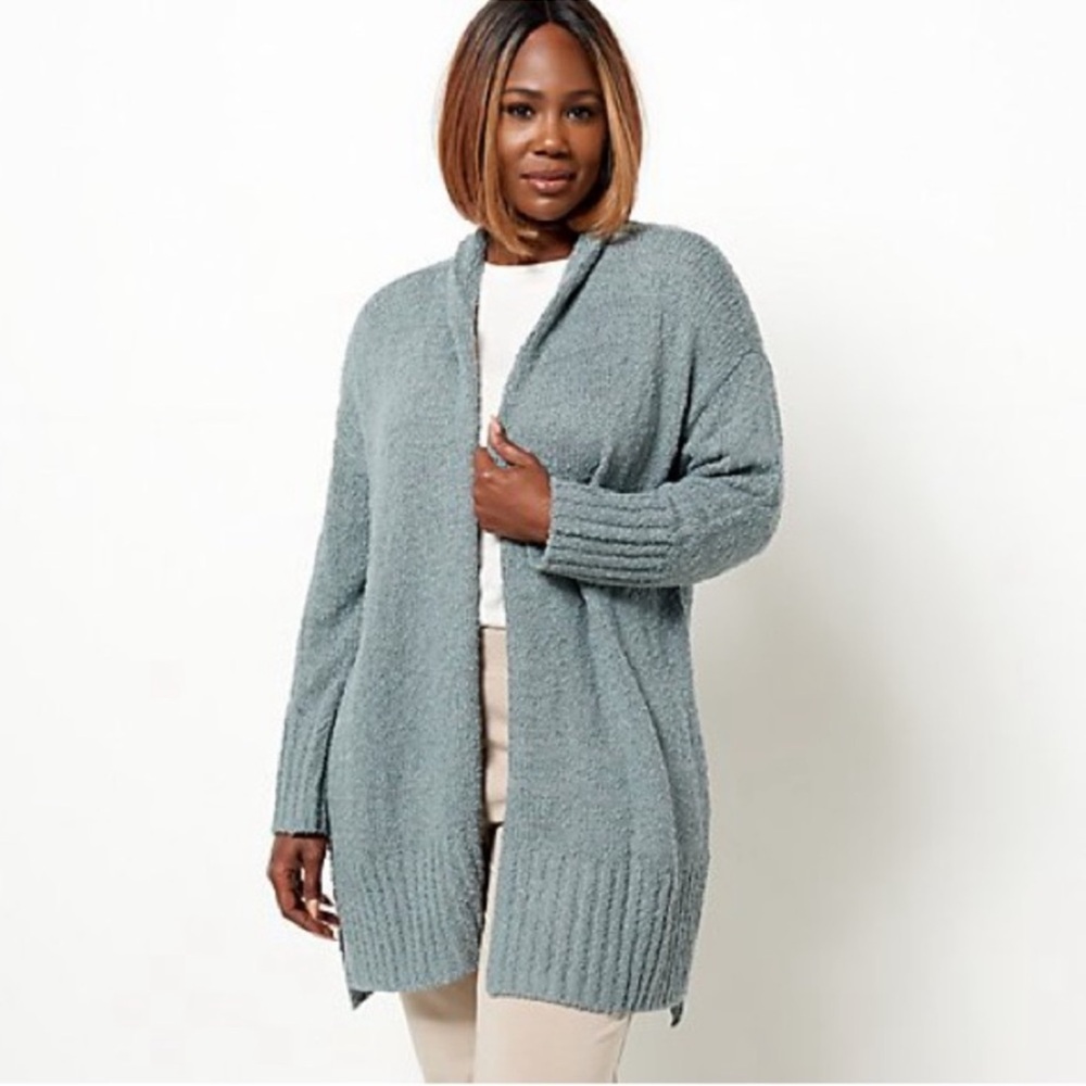 Barefoot Dreams Boucle Shadow‎ Stripe Cardigan Dolphin Blue Size L/XL NEW